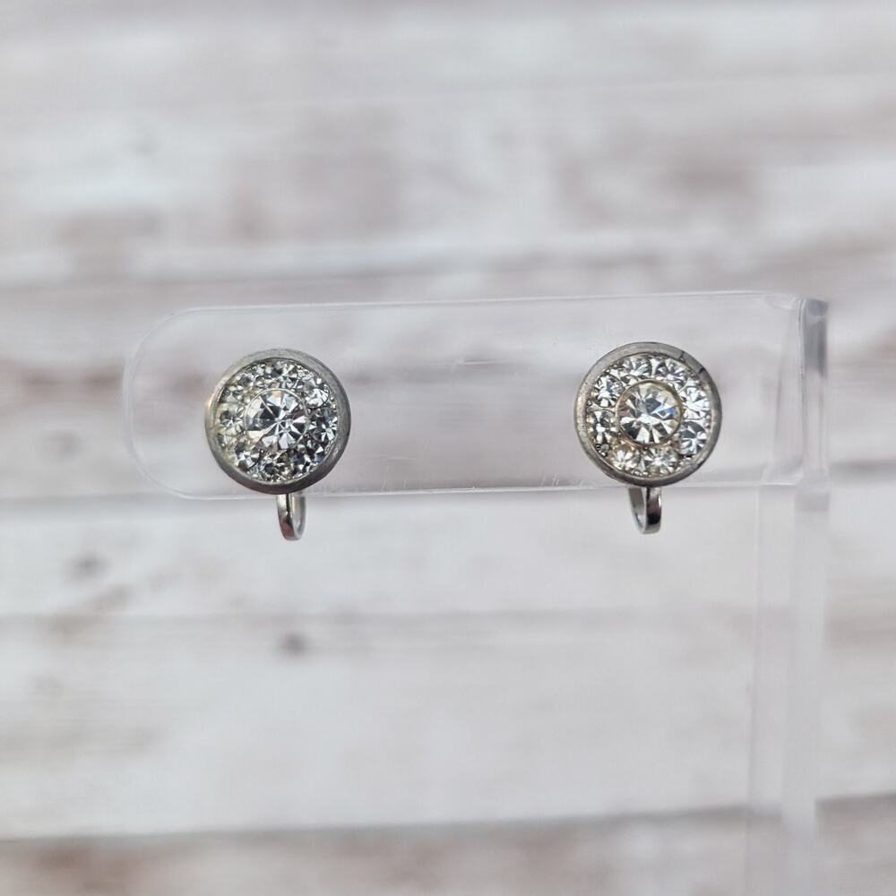 Vintage Screw Back Earrings 3/8" Clear Gems - Metal is Tarnished